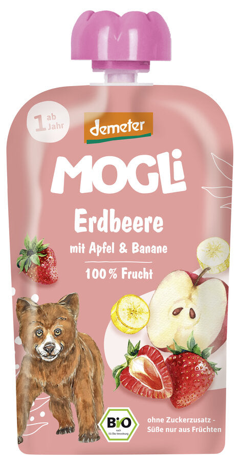 Biodynamisk Børne Sqeezee Jordbær, Æble & Banan  - 100G - Mogli