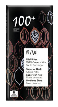 Økologisk Mørk Chokolade 100% med Kakaonibs - 80G - Vivani